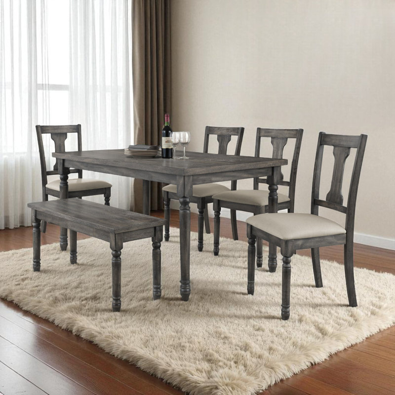 6-Piece Weathered Gray Dining Set With Bench, Rectangular Table And Upholstered Chairs