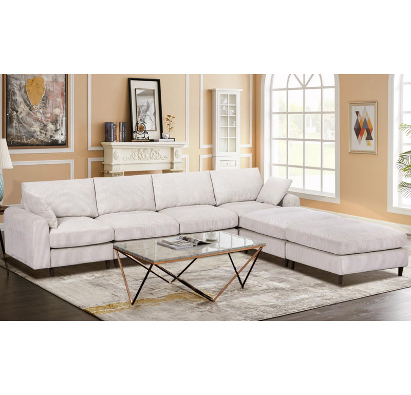 Canapé modulaire surdimensionné à 6 places avec repose-pieds, canapé modulaire en velours côtelé moderne, ensemble de canapé convertible en forme de U avec coussin