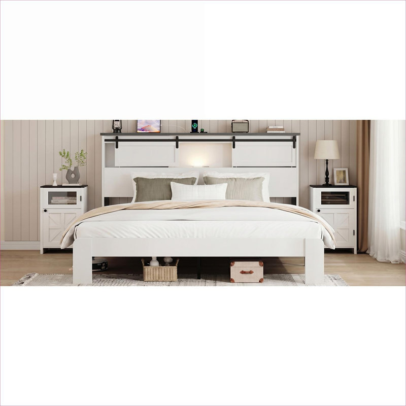 Grand lit plateforme en bois blanc et métal propre avec station de charge intégrée, aucun sommier requis, Queen, White
