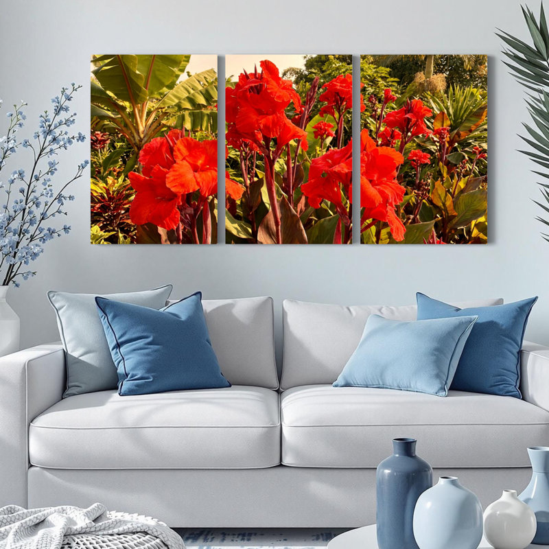Ensemble de 3 tableaux muraux floraux sur toile, motif cannas rouges, H 36 po x l 72 po