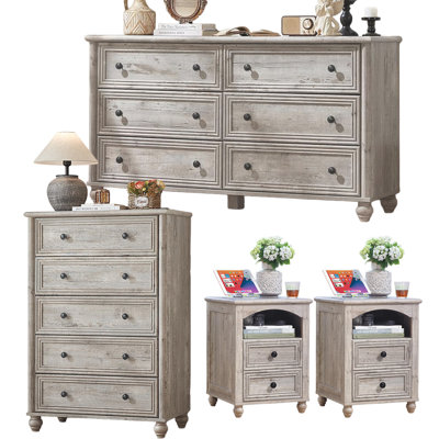 Ensemble de chambre à coucher de ferme 4 pièces avec commode 6 tiroirs, commode 5 tiroirs et 2 tables de chevet, ensemble de rangement en bois avec stations de charge et colonne romaine