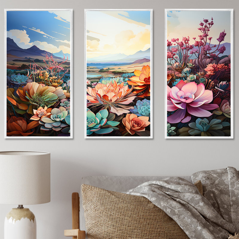 «Colorful Succulent Texas Charm» - ensemble de reproductions d'art mural succulentes, Cadre flottant blanc