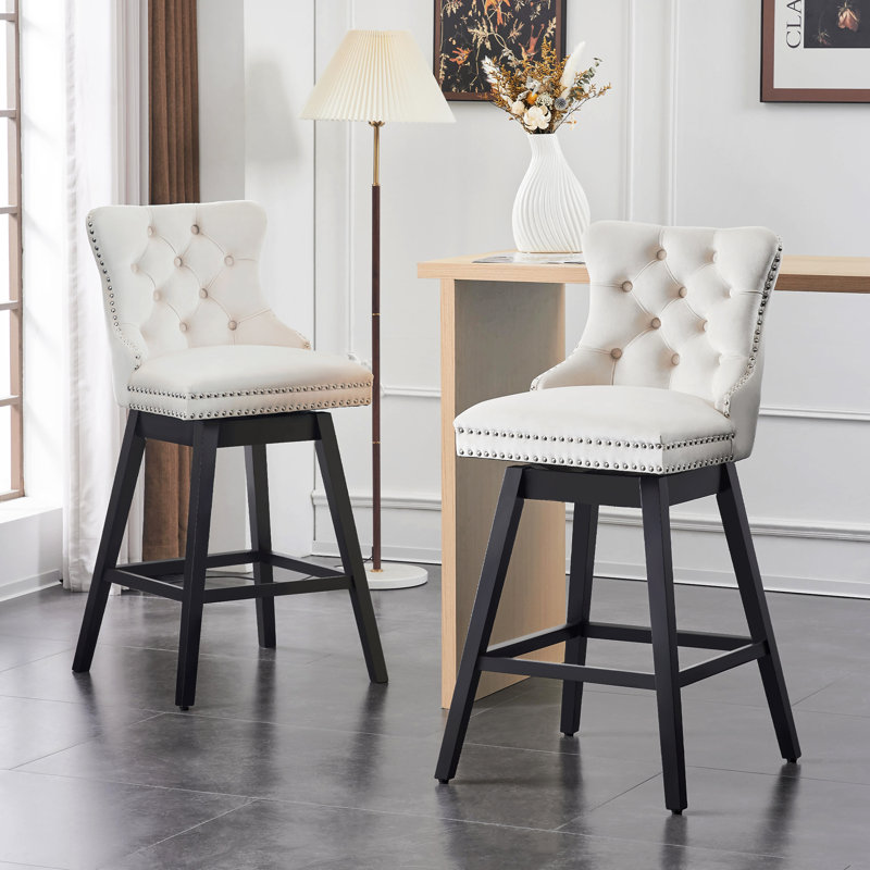 Velvet Upholstered 360° Swivel 30.7'' Height Bar Stool with Back, Nailhead Trim and Sturdy Solid Wood Legs, Comfortable Chair for Kitchen, Dining,  Restaurant