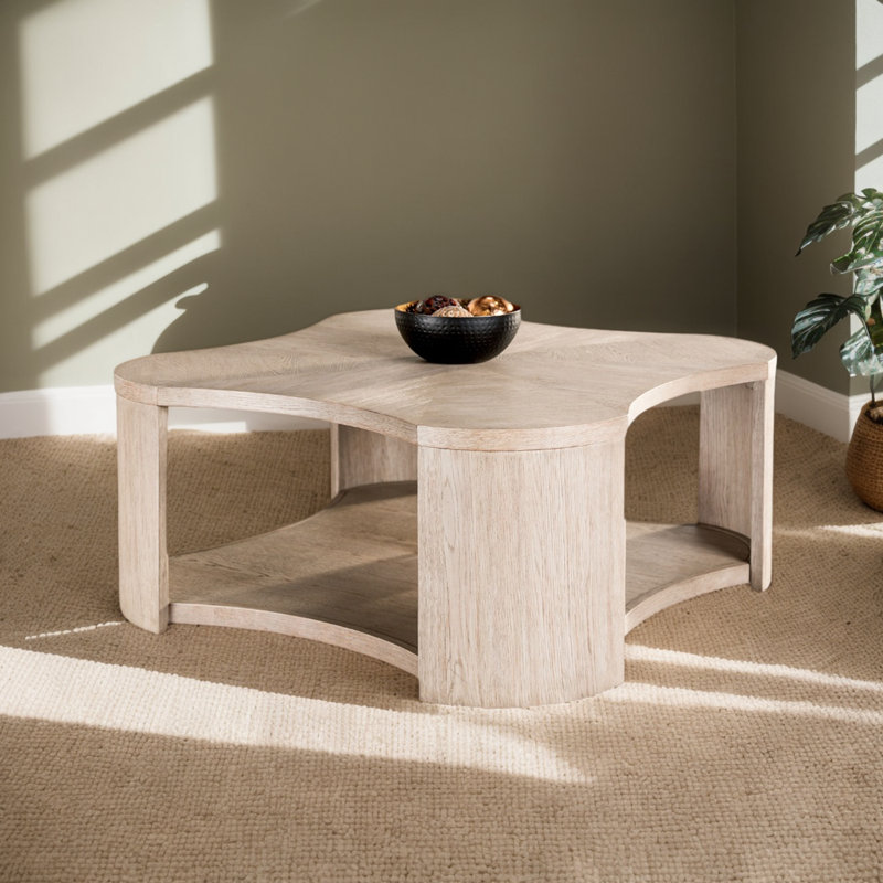 Table basse moderne avec roulettes, rangement ouvert, structure en bois d'hévéa et finition chêne (1 pièce)