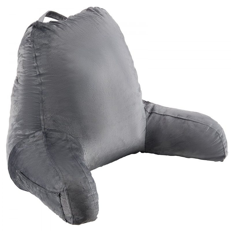 Reading Pillow, Large Size Bed Pillow with Shredded Memory Foam, Back Pillow with 3 Pockets and Washable Short Velvet Cloth, Top with Handle, for Watching TV, Reading, Gaming, Resting, Grey