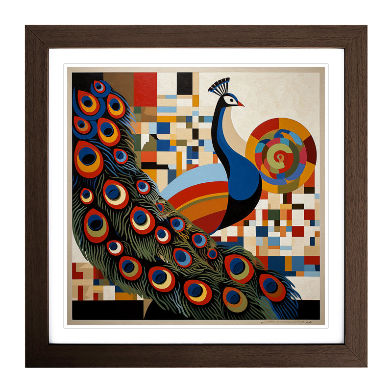 Peacock Constructivism No.6 - Single Picture Frame Print on Wood, Walnut