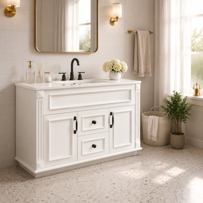 Meuble-lavabo autoportant ivoire blanc avec système de rangement complet