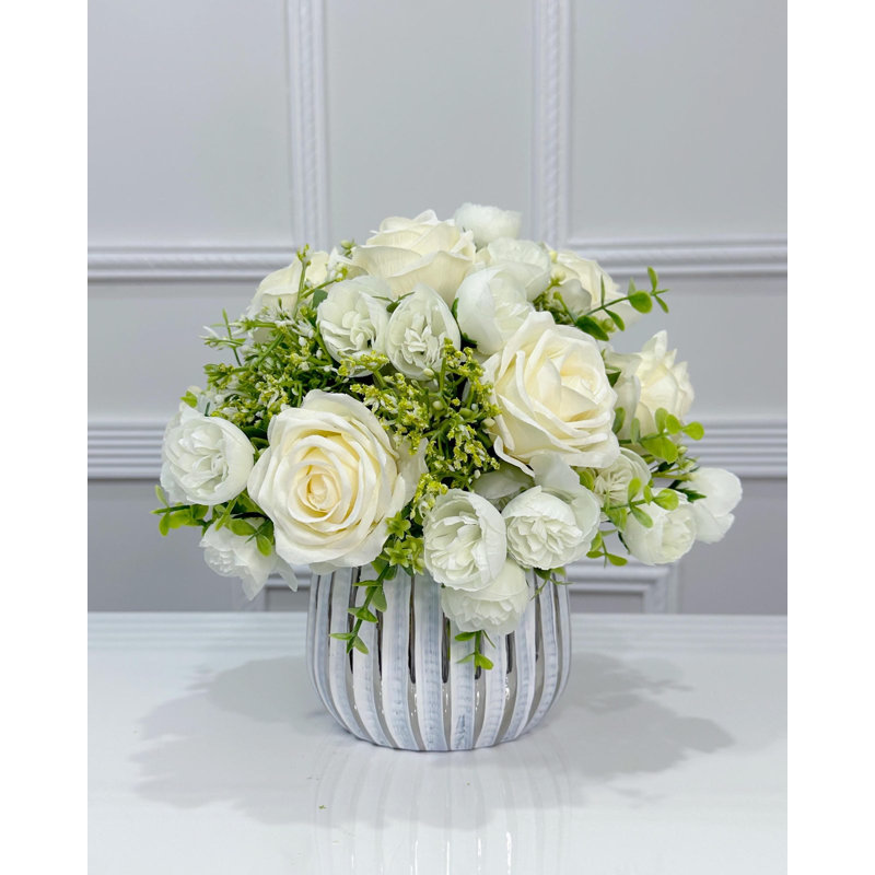 White Silk Rose Peony Centerpiece in Vase
