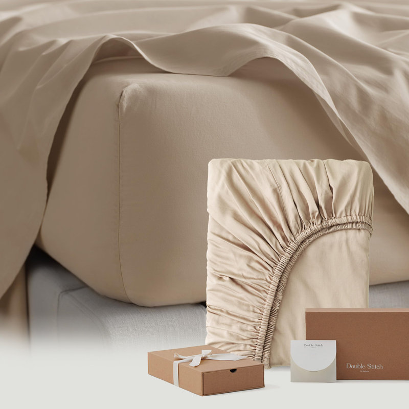 Double Stitch By Bedsure Cotton Tencel Fitted Sheet, Sandstone, King Fitted Sheet