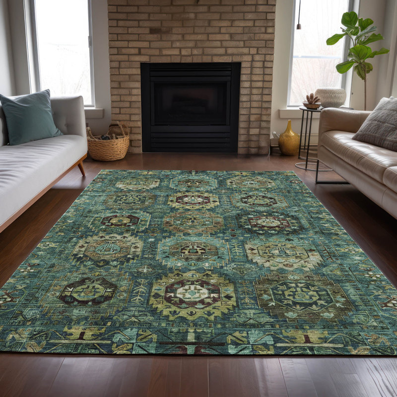 Tapis bleu sarcelle lavable à la machine intérieur / extérieur Xhevrie, Rectangle 10 pi x 14 pi