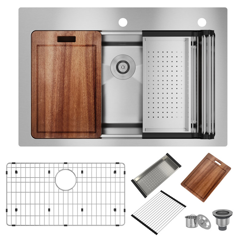 33'' Brushed Stainless Steel Single Bowl Kitchen Sink with Accessories