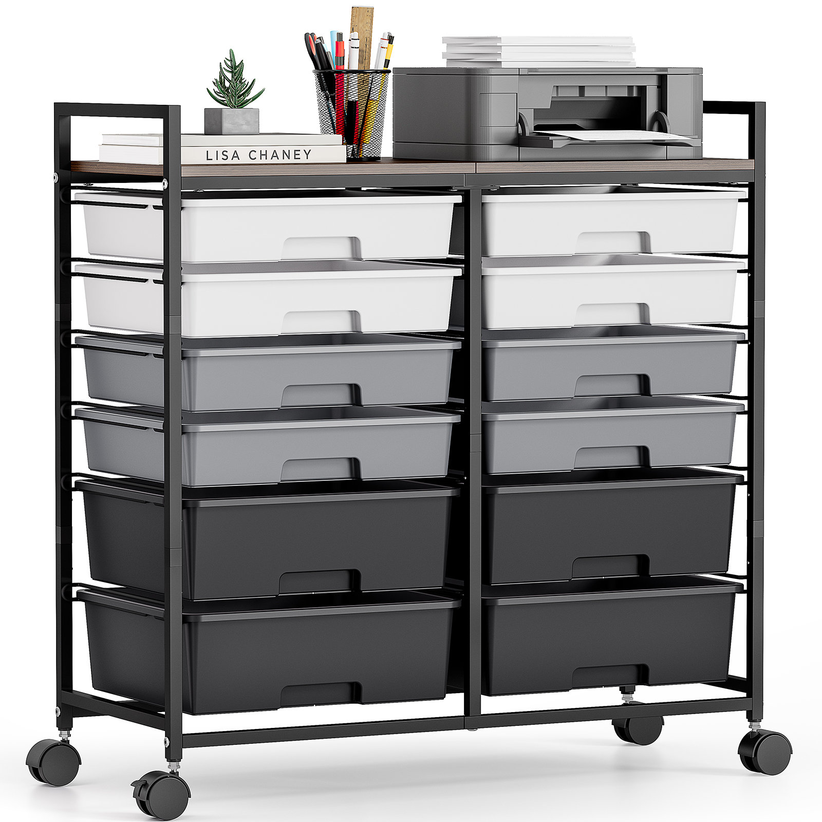 KINGRACK 12-Drawer Rolling Utility Cart with Wooden Top