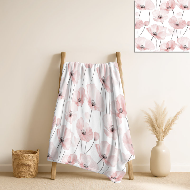 Blush Poppies III – Floral Cozy Blanket, Classic Soft Throw, Light Pink/White Floral