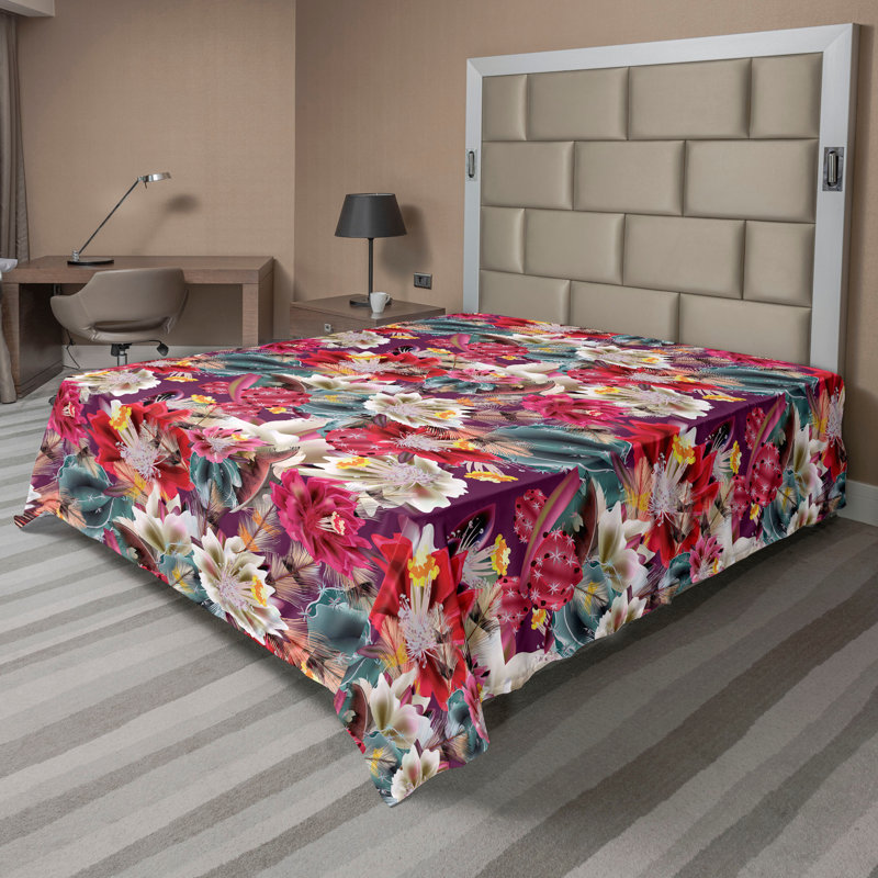Ambesonne Floral Design Flat Sheet Jumble Cactus Flowers, Dark Coral Laurel Green Floral, King Flat Sheet