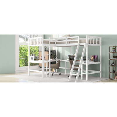 Lit mezzanine simple en L blanc avec 2 bureaux encastrés en résine, bois