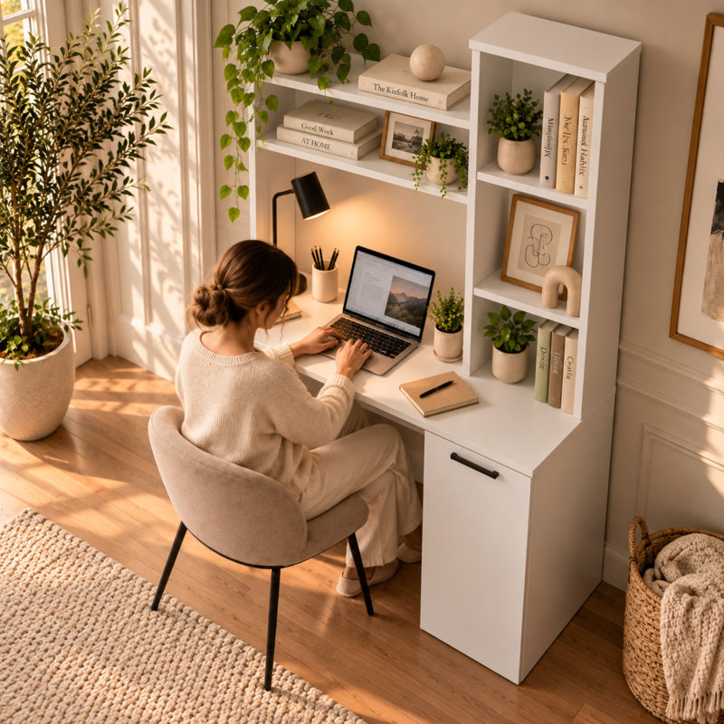 Ebern Designs 64.2" H Carson Writing Desk, Modern Studio or Office Desk with 1 Door, Two Upper Shelves and Open Side Shelves for Book Storage