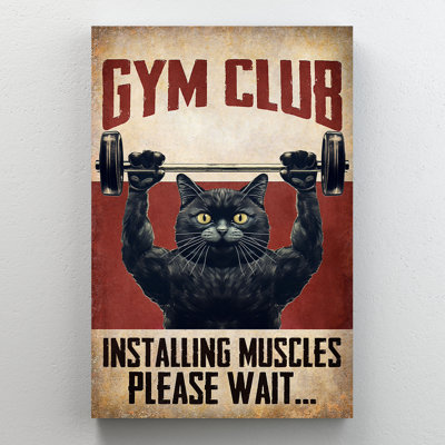 Cat Practicing Gym - Gym Club Instaling Muscles Please Wait Gallery Wrapped Canvas - Sport Illustration Decor, Black Living Room Decor