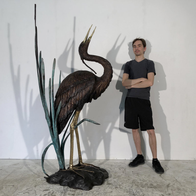 Bronze Heron in Grass Fountain Sculpture
