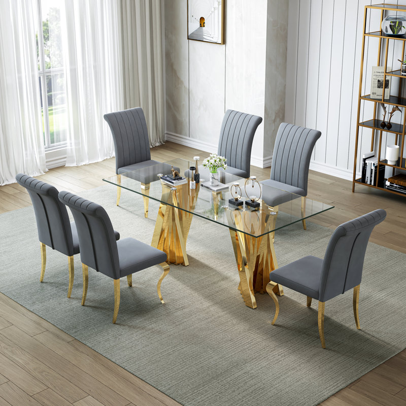 70" Modern Tempered Glass Dining Table Set With Sculptural Stainless Steel Base & Velvet Upholstered Chairs – Sleek Minimalist Design For Contemporary Dining Rooms