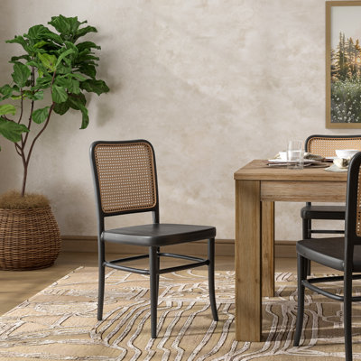 Chandon Rattan Dining Side Chair Wood Seat, Black/Natural