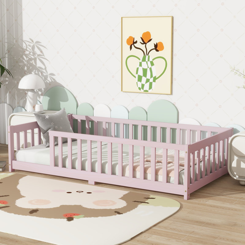 Twin Floor Bed With Fence & Secure Rubber Wood Frame, Pink