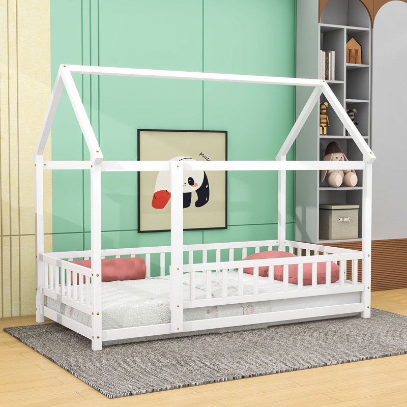 Lit de maison en bois avec garde-corps de clôture, Twin, Blanc