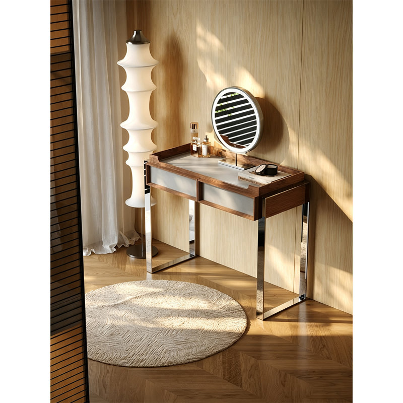 Coiffeuse de style Wabi Sabi en chêne blanc avec piètement en acier inoxydable poli et tiroir de rangement