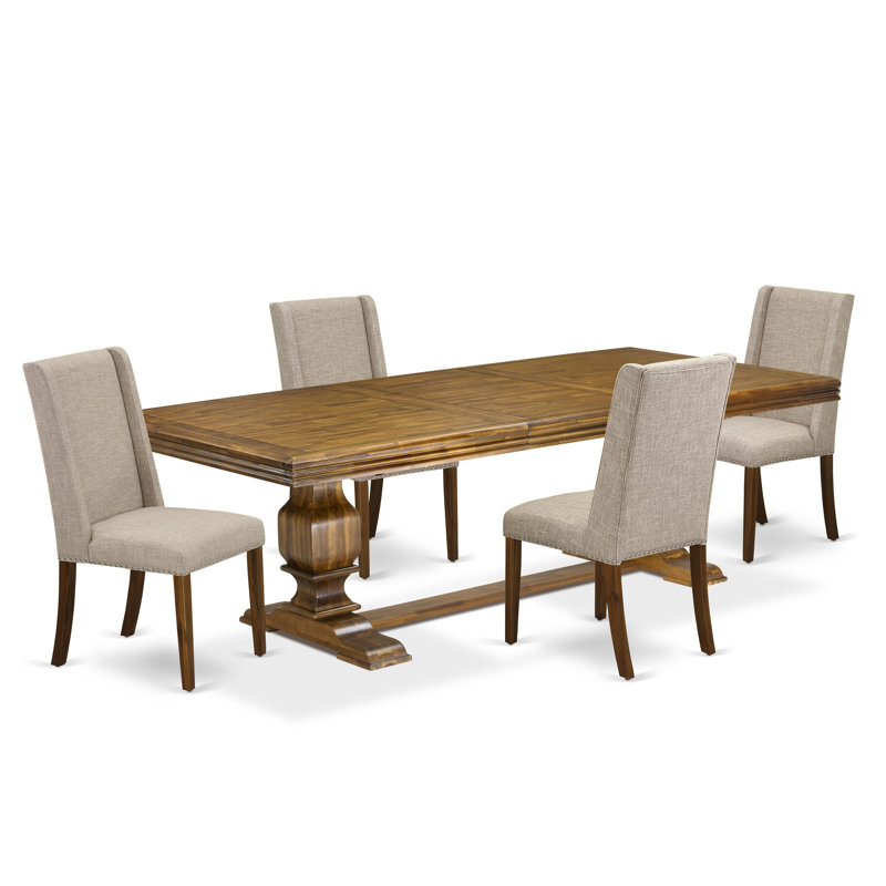 Cet ensemble de salle à manger 5 pièces comprend une table en bois et 4 chaises modernes en tissu de lin brun clair avec dossier rembourré - finition noyer antique.