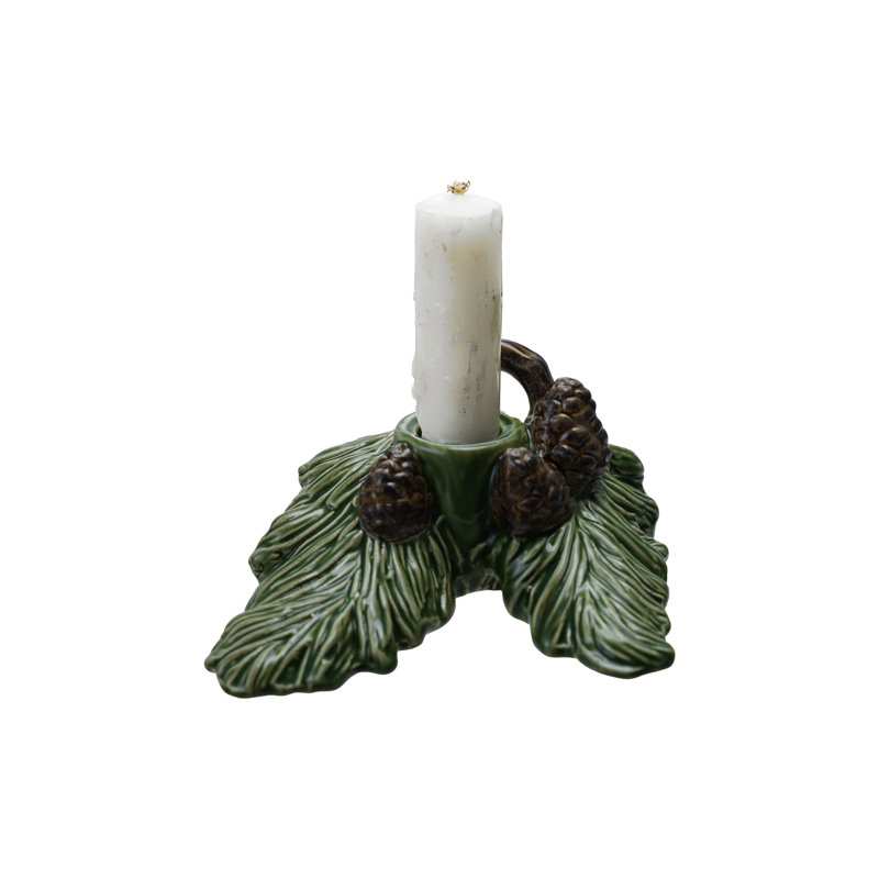 Ceramic Pine Bough Shaped Taper Holder With Pinecones