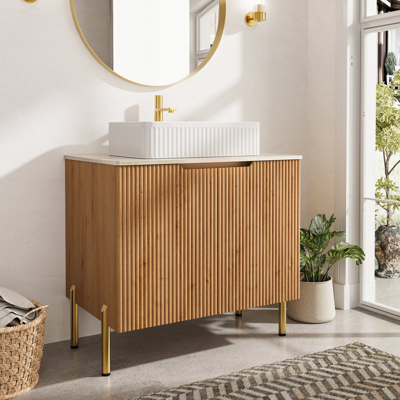Meuble-lavabo autoportant de 30 po avec 2 portes, lavabo en céramique blanc et comptoir blanc Carrara, Chêne clair