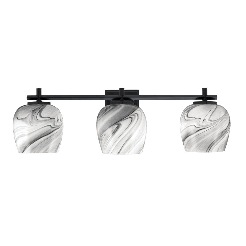 Barre de salle de bain Finola avec verre tourbillonnant onyx, Noir mat, 3 lumières, H 8 po x l 26,75 po x P 7,25 po