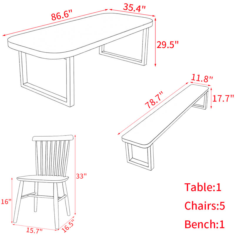 Ensemble de table de salle à manger en bois massif de style nordique, H 29,5 po x L 86,6 po x l 35,4 po
