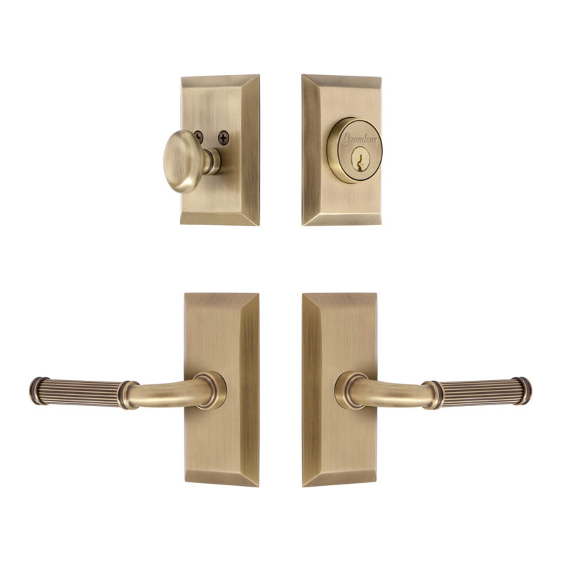 Fifth Avenue Short Plate Complete Entry Set with Single Cylinder Deadbolot and Soleil Lever, Left Handed, 2.75"