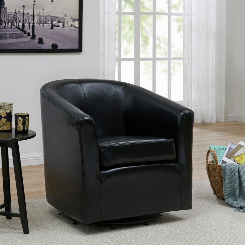 30-Inch Wide Swivel Barrel Chair, Black Bonded Leather