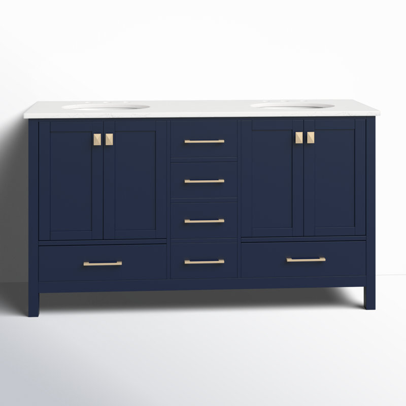 Meuble-lavabo double 60 po avec plateau en marbre Hines, Bleu