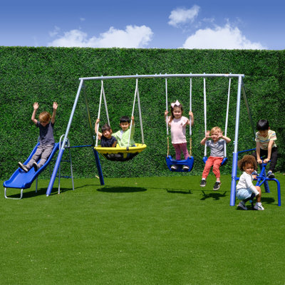 Ensemble de balançoire en métal galvanisé Sportspower Taylor avec balançoire moulée par soufflage, balançoire sur pied, balançoire à bascule pour 2 personnes, balançoire de soucoupe 32 po et glissade de 5 pi, ensemble d'ancrage en prime de 4 piè