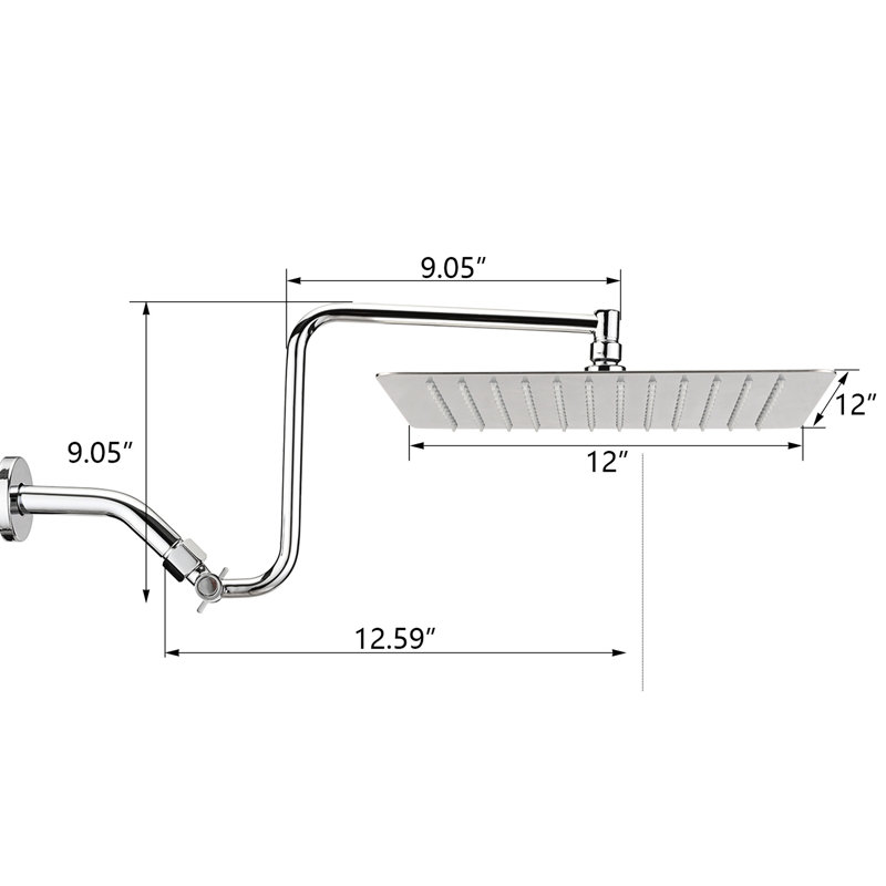 Pomme de douche carrée de 12 po avec extension réglable - Fabrication en acier inoxydable, pomme de douche à bras mobile de 12 po à faible encombrement, sans colmatage, convient aux filetages de tuyaux