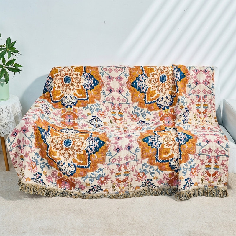 Vintage Persian Medallion Boho Throw Blanket, Reversible Cotton Woven Blanket with Tassel Fringe