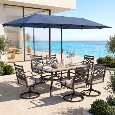 Ensemble de salle à manger rectangulaire pour 6 personnes 60 "avec coussins et parasol Leonard