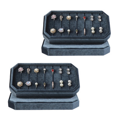 Paquet de 2 boîtes à bijoux avec anneaux en velours gris-bleu, 7 plateaux de rangement avec couvercle, pouvant contenir 21 anneaux ou paires de boucles d'oreilles, 8,07 x 4,13 x 2,05 po