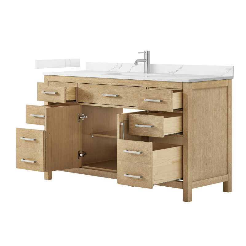 Beckett 60" Freestanding Single Bathroom Vanity with Quartz Top, Whitewashed Oak, Brushed Nickel, Giotto Quartz
