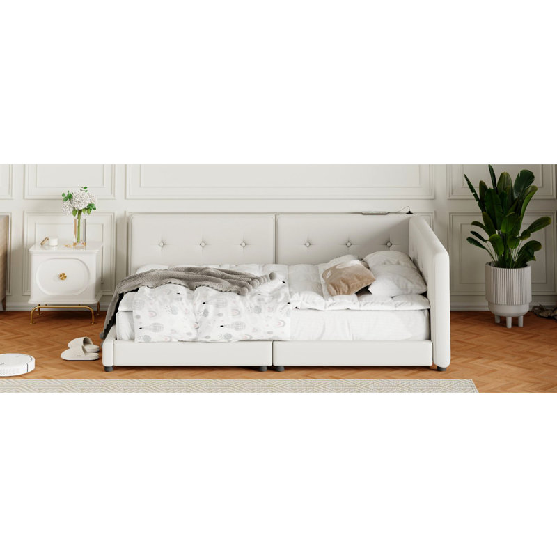 Grand lit plateforme tapissier beige avec une construction durable et une conception élégante de charge stable en lin
