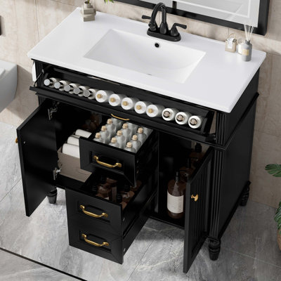 Meuble-lavabo 36 po avec lavabo, meuble autoportant avec lavabo en céramique, cadre en bois aggloméré et en bois massif, tiroir supérieur rabattable, portes à fermeture en douceur, 2 tiroirs de rangement, poignées dorées