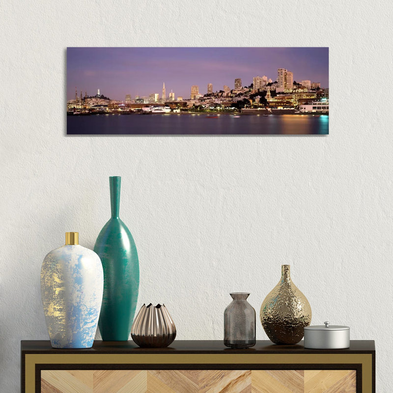 Sea With A City In The Background - Wrapped Canvas Panoramic Print, 30.48 cm H x 91.44 cm W x 1.91 cm D