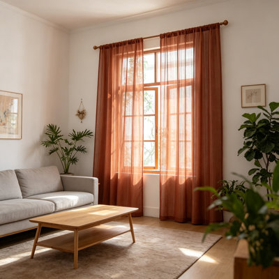 Boho Semi Sheer Curtains 90" Terracotta 2 Panels