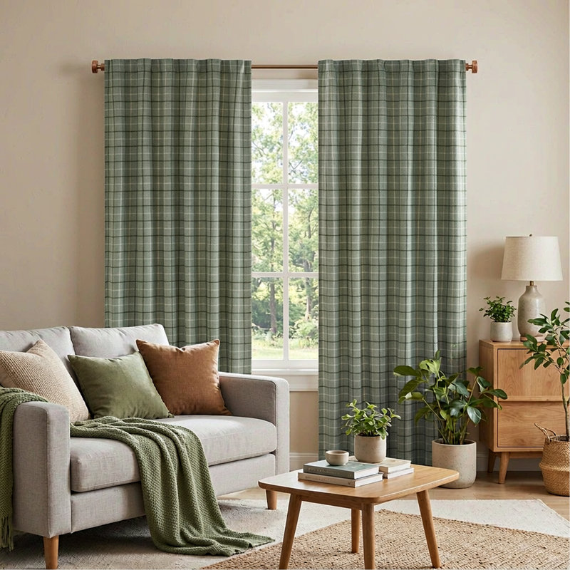 Paire de rideaux écossais avec passe-tringle et passants avec doublure en molleton vert 50 po x 84 po, Vert