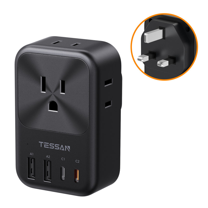 Adaptateur de voyage TESSAN 8 en 1 US vers le Royaume-Uni avec 4 prises secteur, 2 ports USB-C, 2 ports USB-A, alimentation PD 20 W, type G. Compatible avec l'Écosse, la Malaisie, Singapour et Hong Kong.