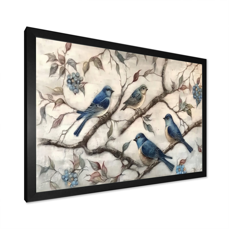 Quatre oiseaux bleus rétro sur une branche II - reproduction sur toile, Impression noire sur toile encadrée