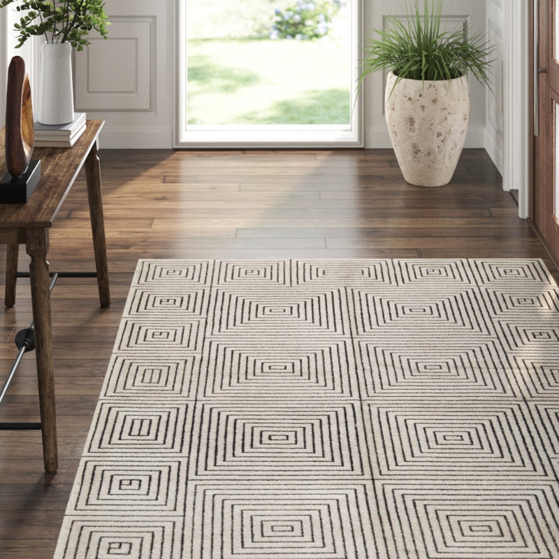 Hand-Knotted High-Quality Ivory and Black Area Rug, Rectangle 8' x 10'