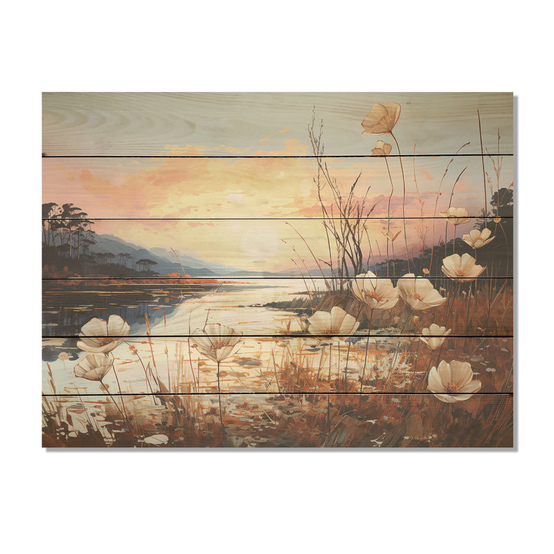 Meadow Stream At Sunset - Meadow Wood Wall Art On Natural Pine Wood, 10" H x 20" W